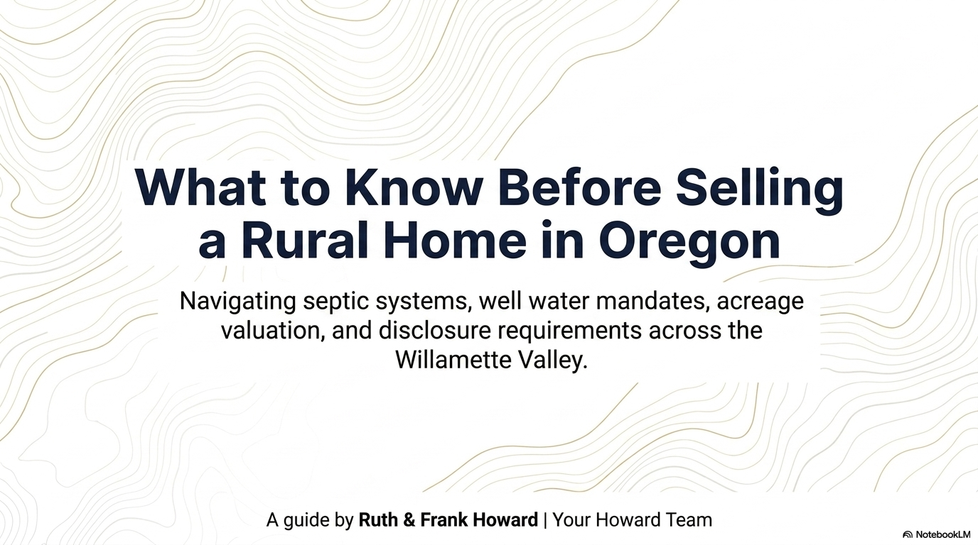 Title slide reading What to Know Before Selling a Rural Home in Oregon — a guide by Ruth and Frank Howard, Your Howard Team, covering septic systems, well water mandates, acreage valuation, and disclosure requirements across the Willamette Valley Title slide reading What to Know Before Selling a Rural Home in Oregon — a guide by Ruth and Frank Howard, Your Howard Team, covering septic systems, well water mandates, acreage valuation, and disclosure requirements across the Willamette Valley