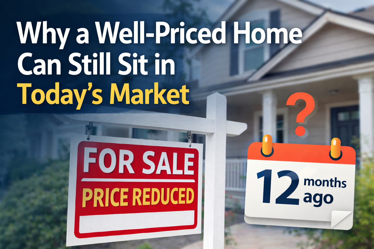 “For sale home with a price reduced sign illustrating why a well-priced home can still sit in today’s real estate market.” “For sale home with a price reduced sign illustrating why a well-priced home can still sit in today’s real estate market.”