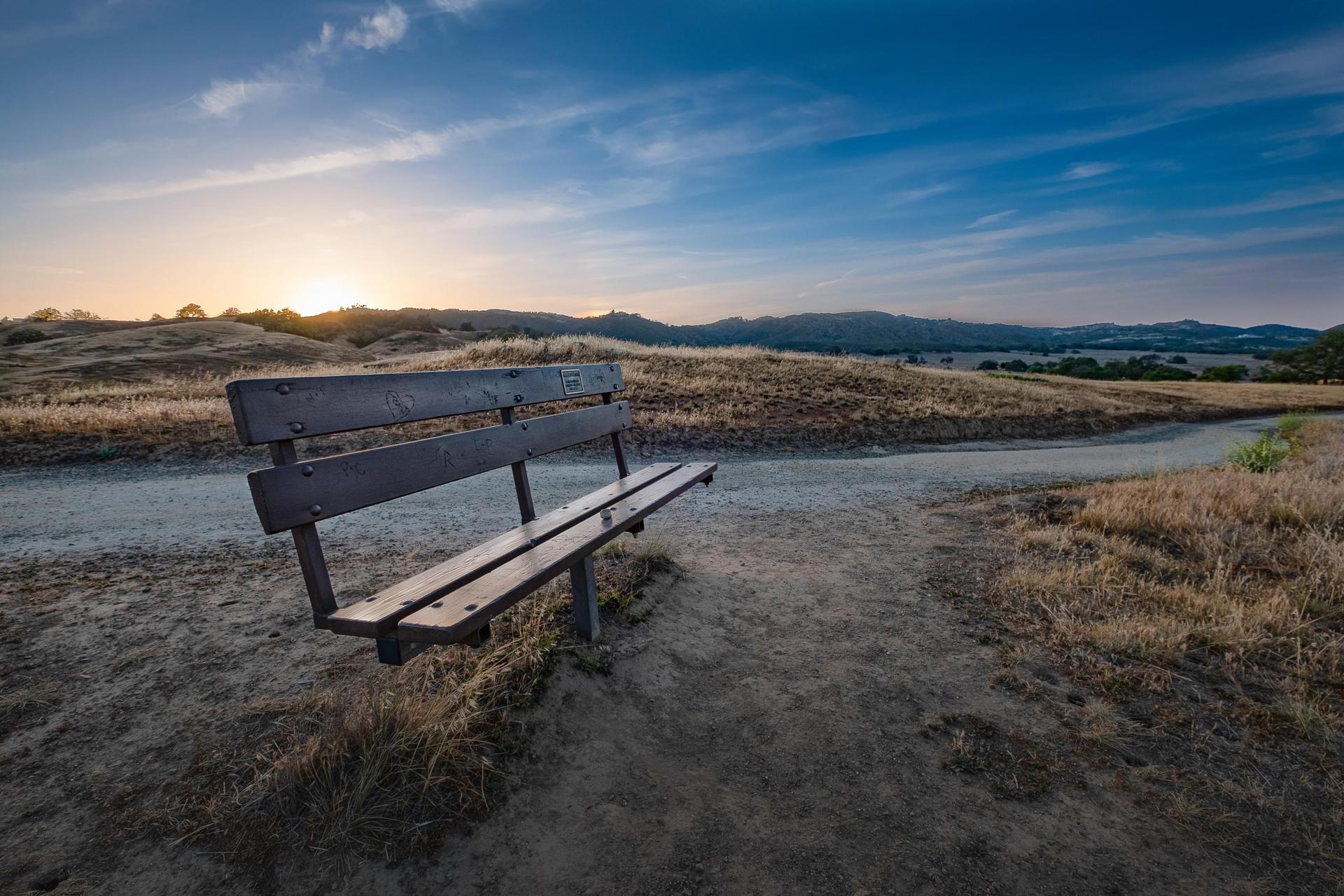 Bench overlooking trails and hills at the Santa Rosa Plateau