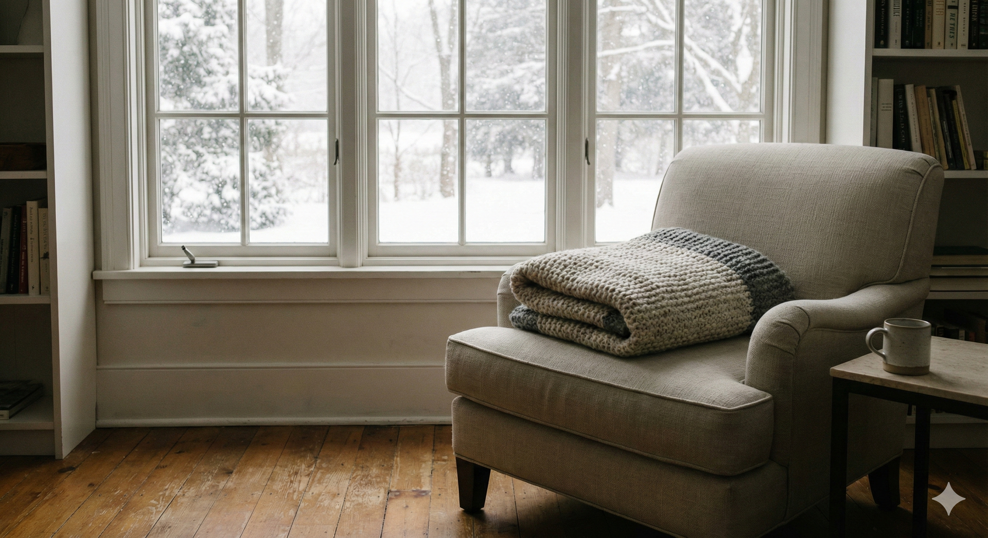 A calm winter interior scene that conveys rest, comfort, and permission to pause. A calm winter interior scene that conveys rest, comfort, and permission to pause.