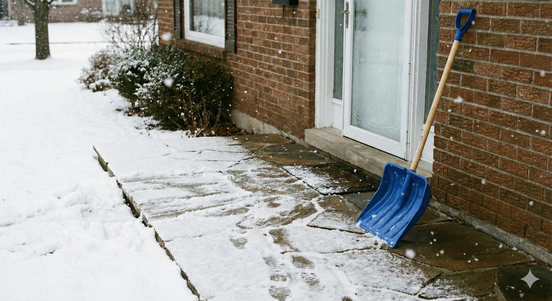 A still winter walkway with a resting shovel, suggesting everyday effort without urgency or judgment. A still winter walkway with a resting shovel, suggesting everyday effort without urgency or judgment.