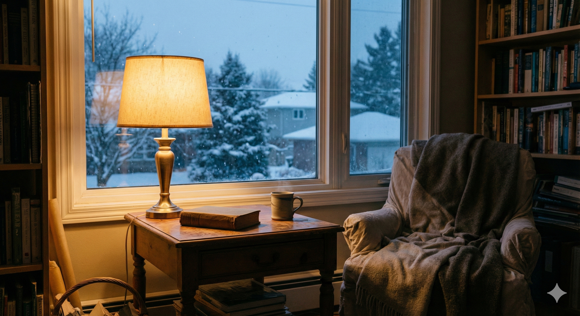 A calm winter evening scene at home with soft light and falling snow, conveying a sense of completion and ease. A calm winter evening scene at home with soft light and falling snow, conveying a sense of completion and ease.