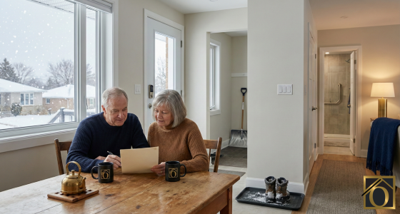 Calm winter kitchen scene in a Waterloo Region bungalow showing step-free entry, wide pathways, and subtle universal-design features for safe, independent downsizing.