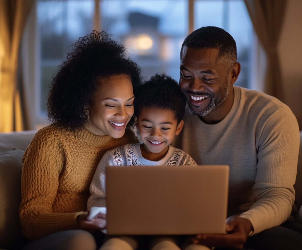 Black and Asian family smiling at a tablet