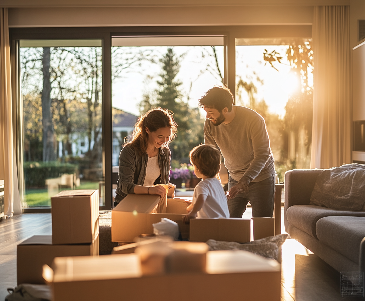 Young family looking at documents together
