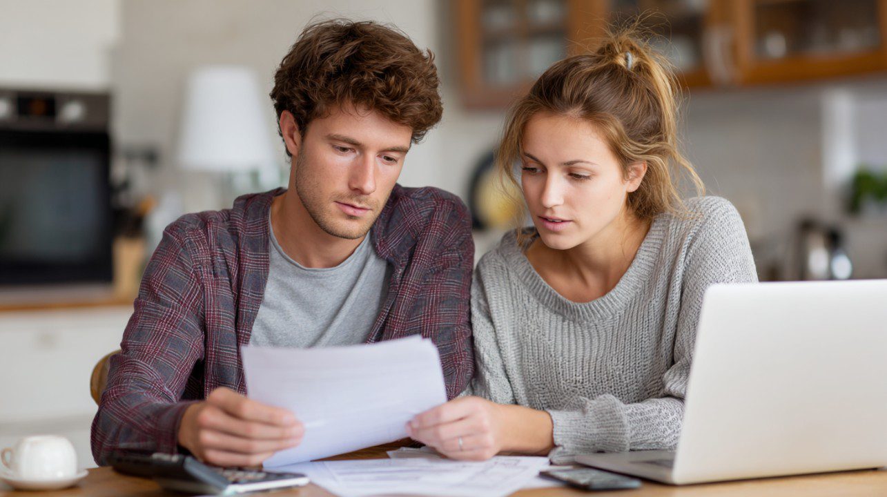 Young couple in Ogden Utah reviewing financial documents at home while preparing to buy their first house