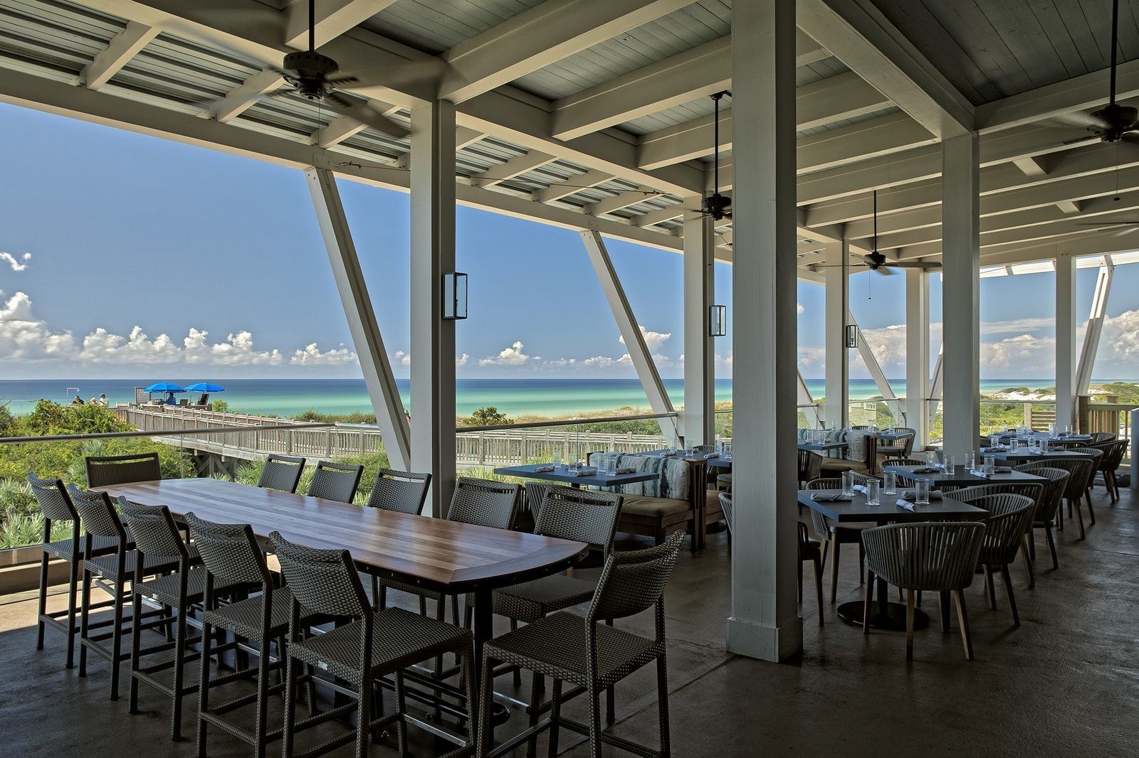 a dine-in restaurant with a view of the beach near seagrove beach homes