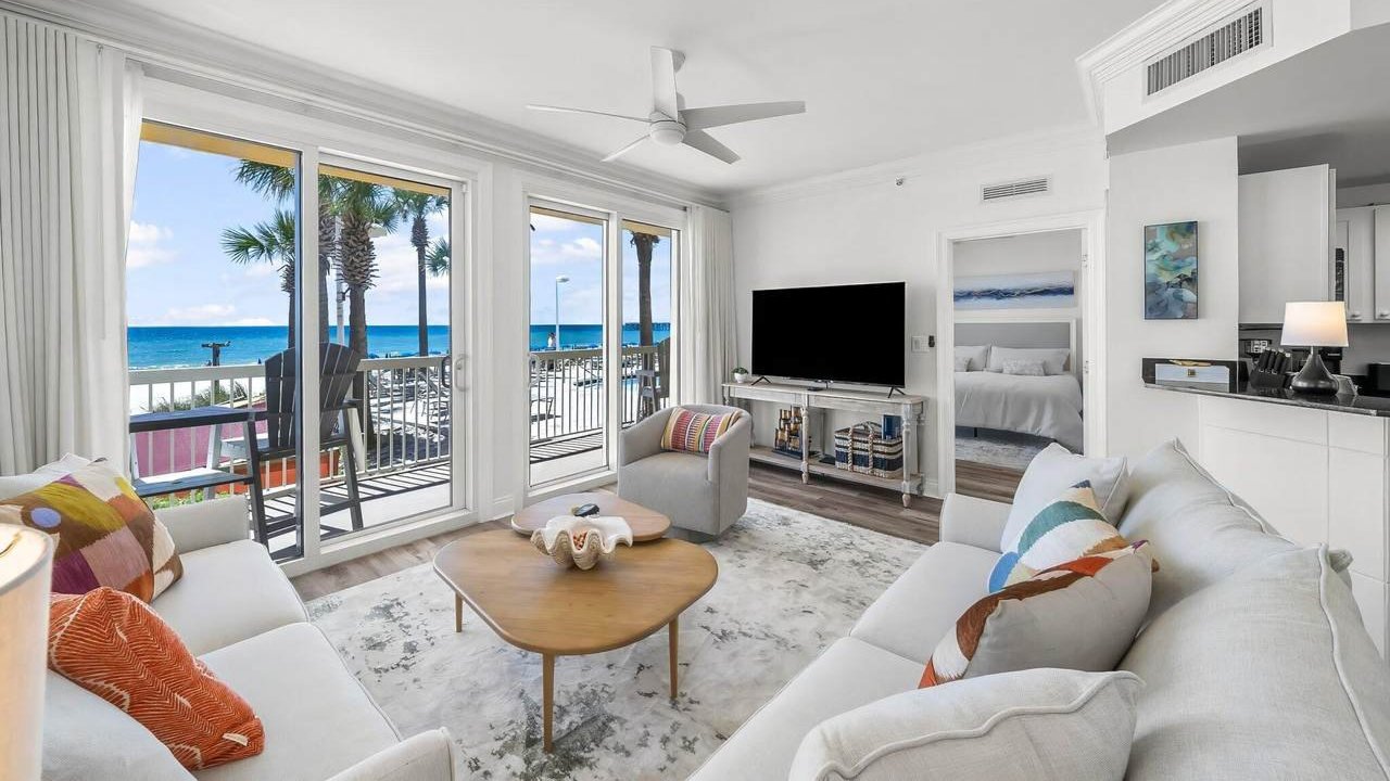 Beachfront luxury home living room with view inside the calypso condo