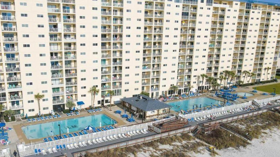aerial view of the regency towers condo and the pool