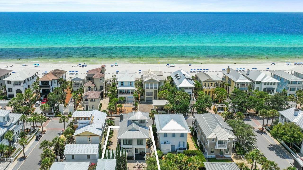 aerial view of the coast with its community of carillon beach homes