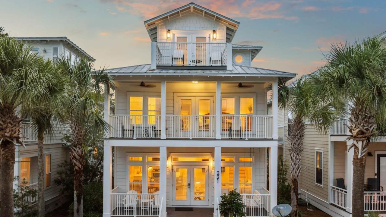 front view of a lit seacrest beach home front view of a lit seacrest beach home