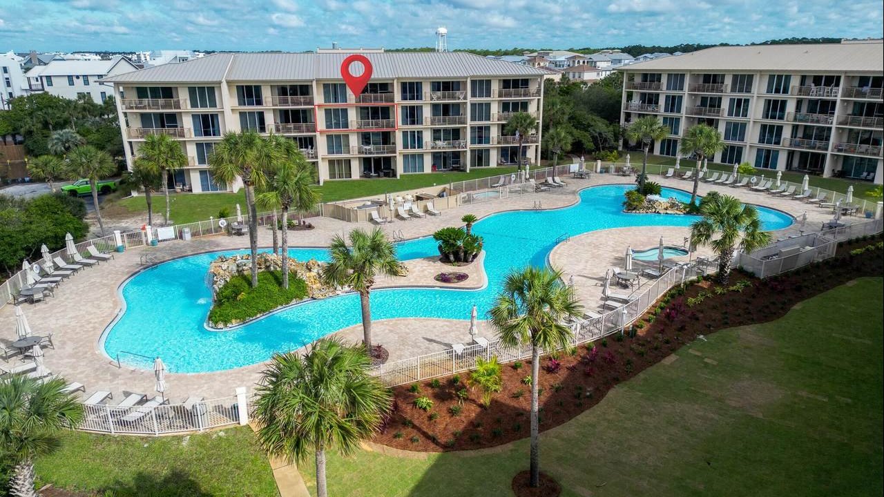 aerial view of the high pointe resort condos and its massive and unique pool aerial view of the high pointe resort condos and its massive and unique pool
