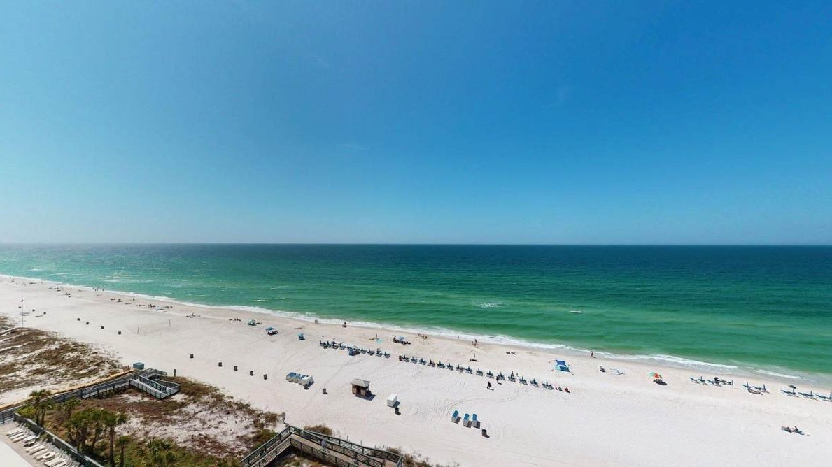 aerial view of the beach right next to the gulf crest condos