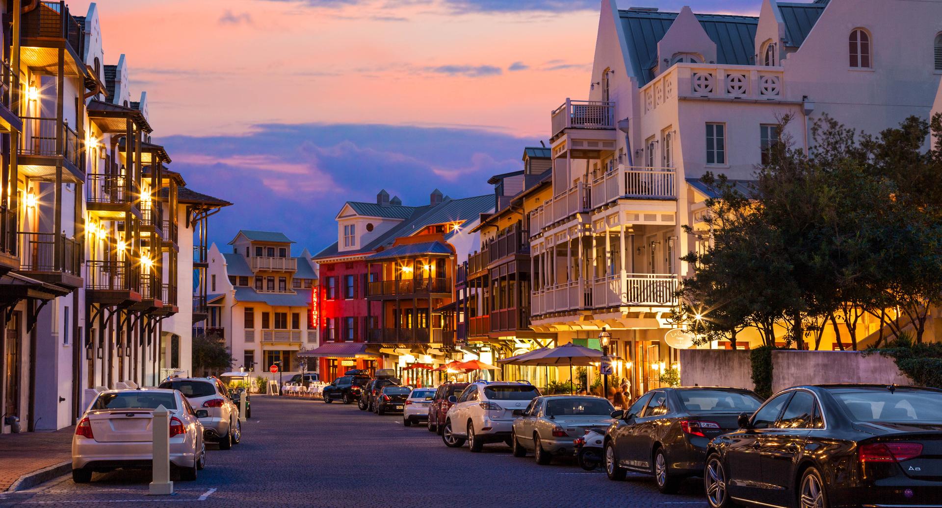 Rosemary beach homes for sale along festive street