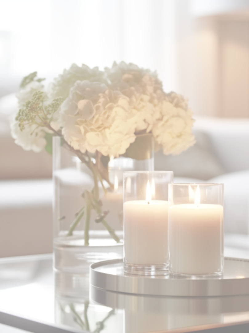 A coffee table with candle and flowers