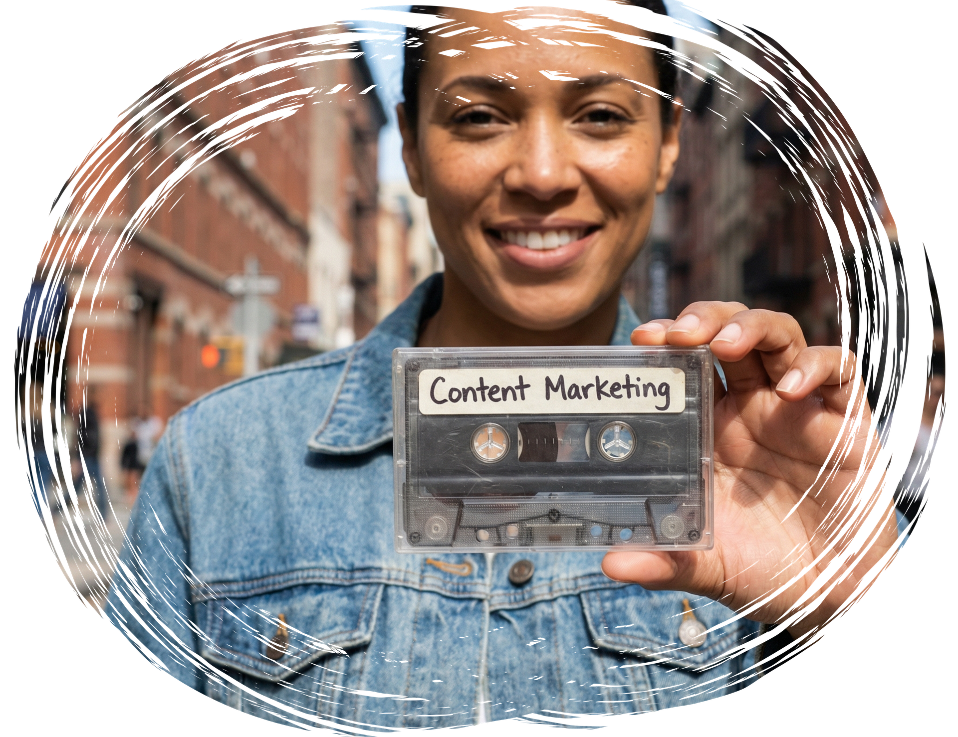 Smiling marketer holding a cassette tape labeled content marketing in an urban street setting