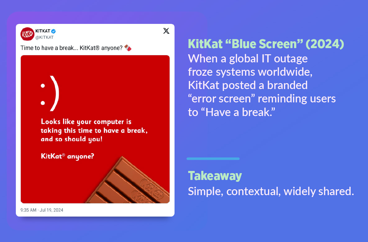 KitKat social media post styled as a computer error screen during a global IT outage, reinforcing the brand’s “Have a break” message.