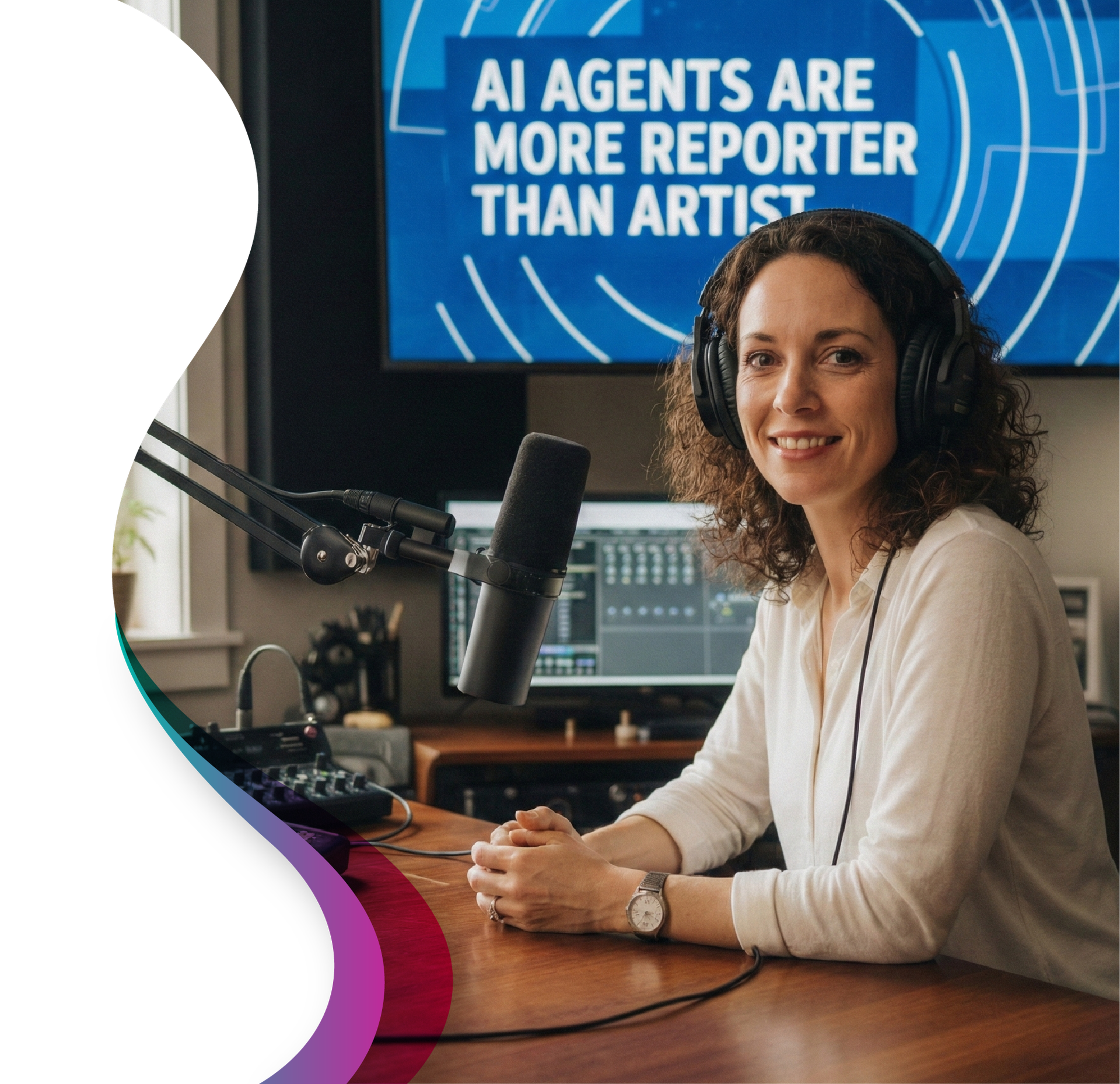 woman wearing headphones sits at a podcast microphone in a studio, representing AI agents acting as reporters rather than creative artists.