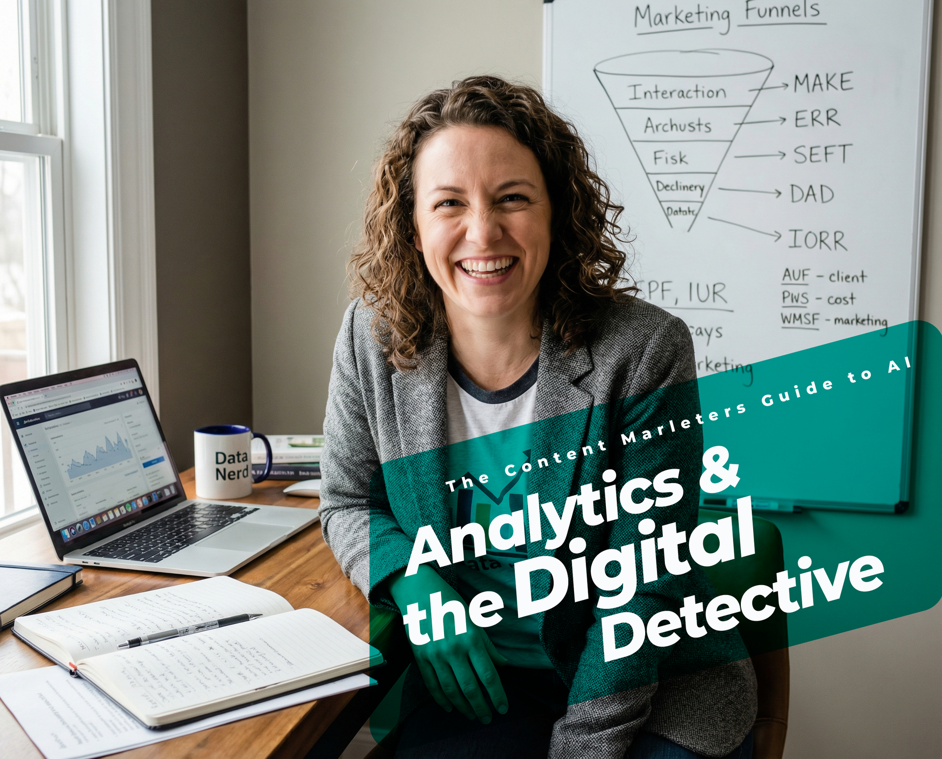 analytics and targeting digital marketing Smiling marketer sitting at a desk with a laptop and notebook, with a whiteboard showing a marketing funnel behind her.