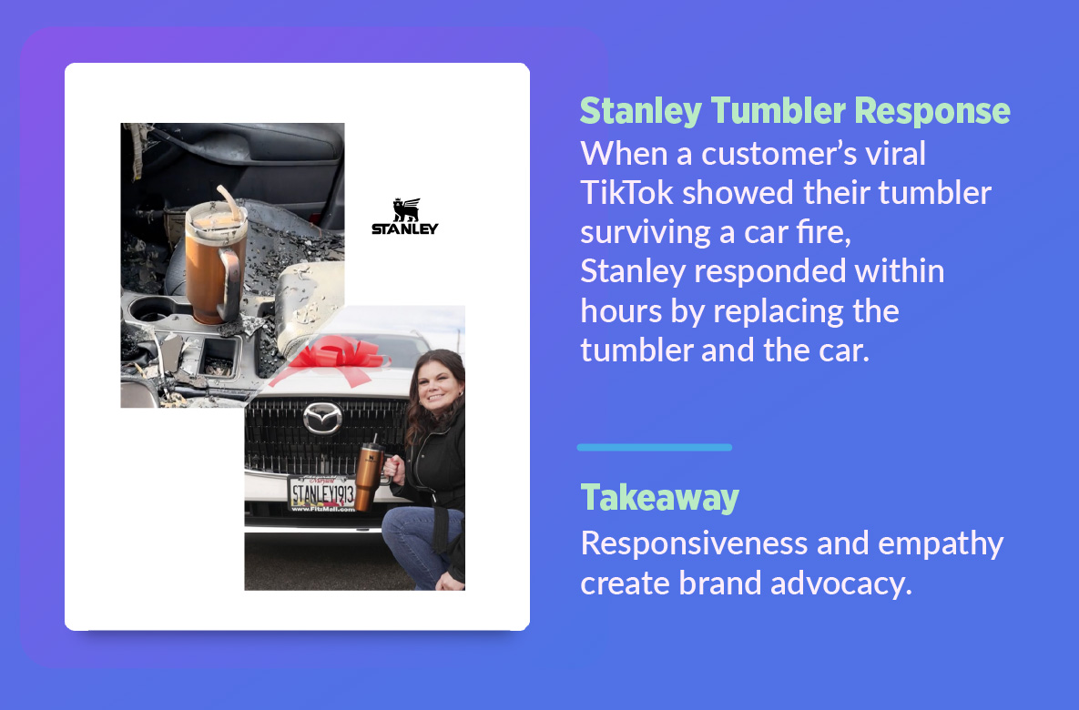 Images showing a Stanley tumbler surviving a car fire and the brand replacing both the tumbler and the vehicle after a viral TikTok post.