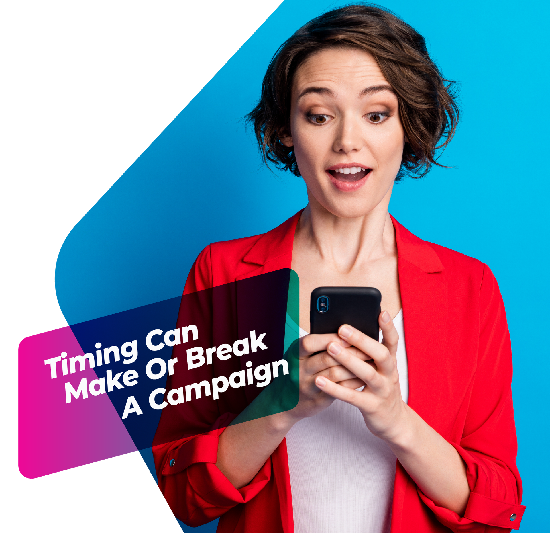 A marketer looking at her smartphone with a surprised expression, representing real-time reaction to trending content.