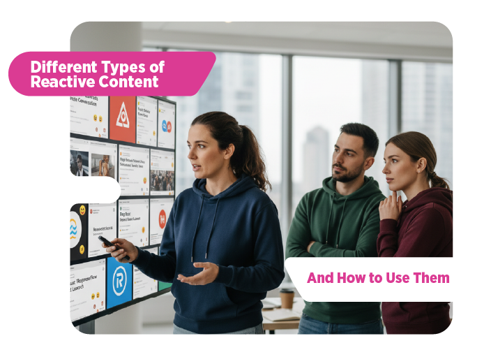 Marketing team reviewing digital content on a large screen while discussing reactive content strategies.