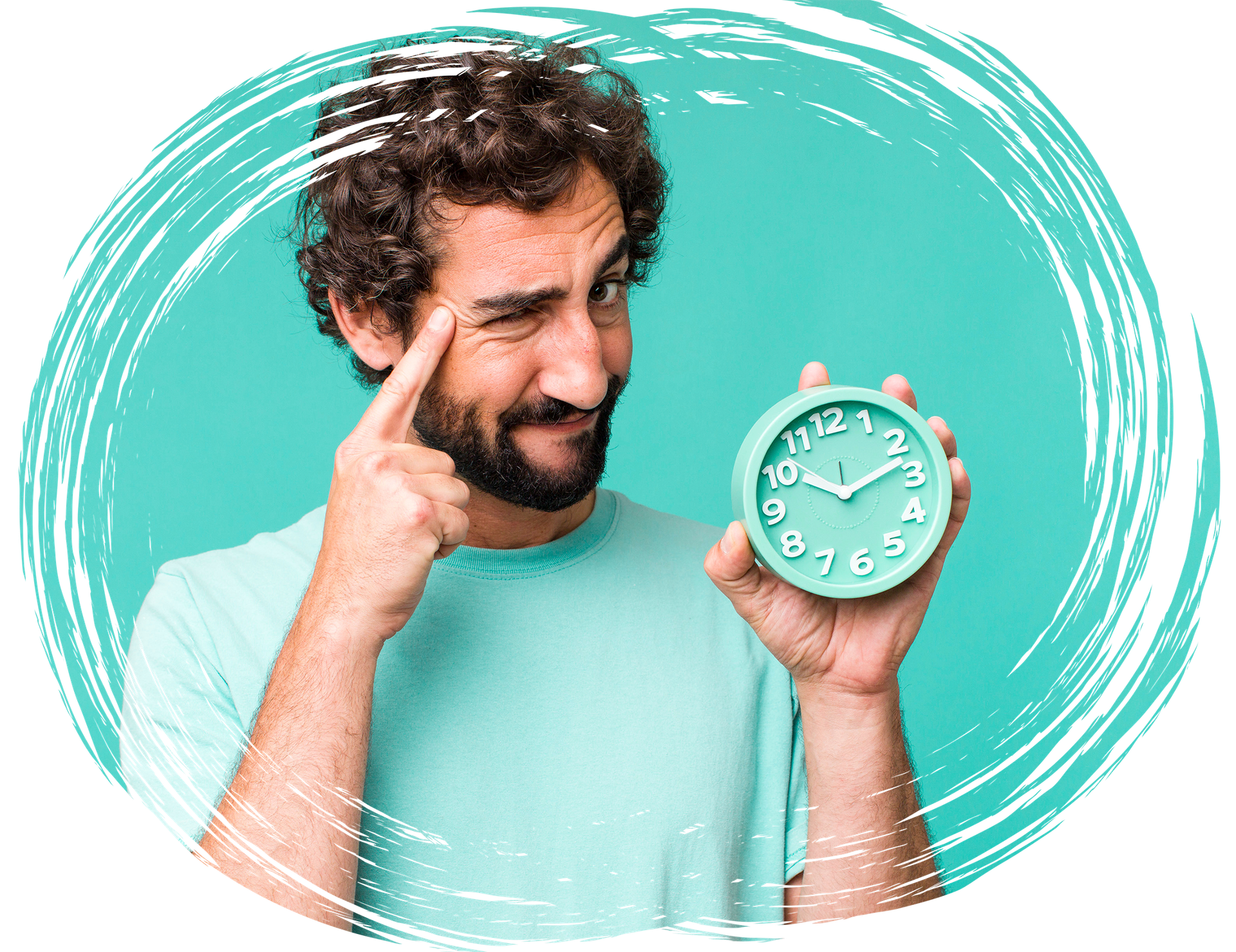 Person holding a clock and pointing to their head, symbolizing time-sensitive decision-making in reactive marketing