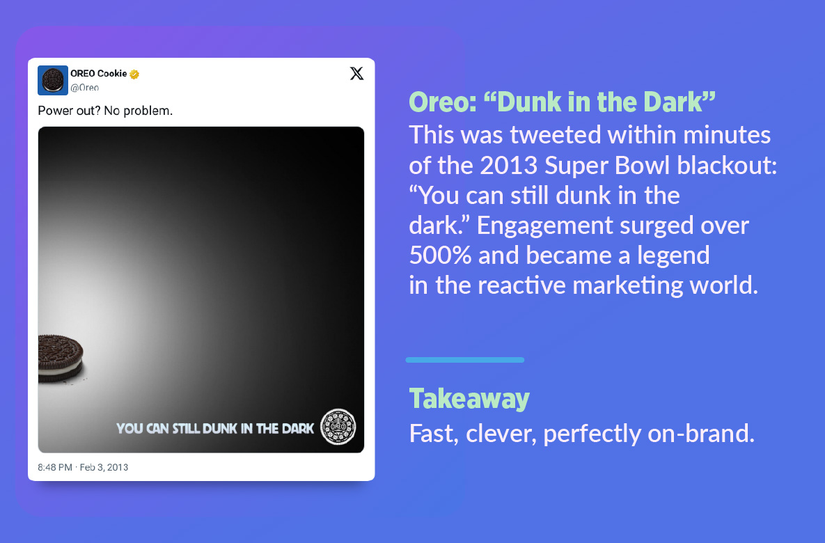 Oreo social media post created during the Super Bowl blackout, featuring a cookie in darkness with the message “You can still dunk in the dark.”
