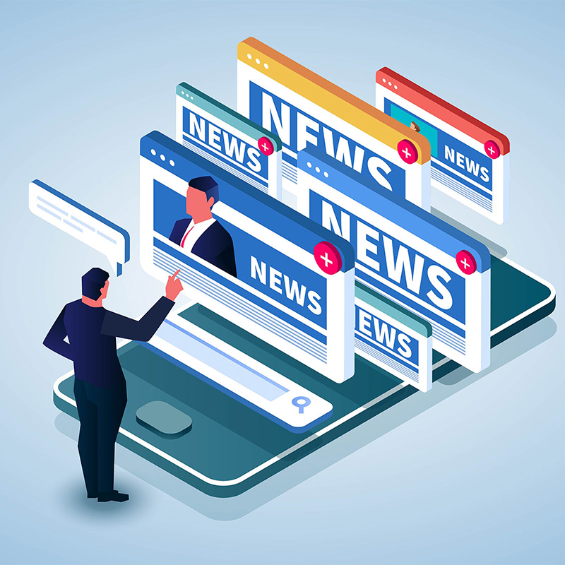 An illustration of a man sorting through news websites floating in front of him.