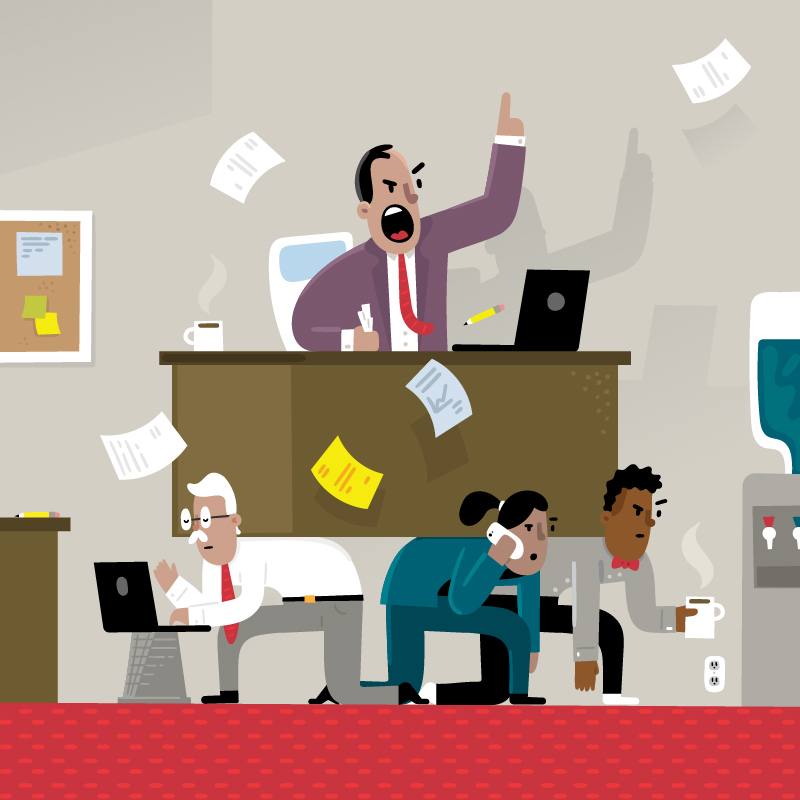 Illustration of a screaming boss at his desk being lifted up by three cowering office workers.