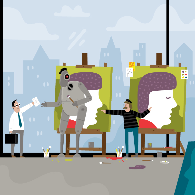 An illustration of a lawyer serving a lawsuit to a robot works on a painting set up on an easel.