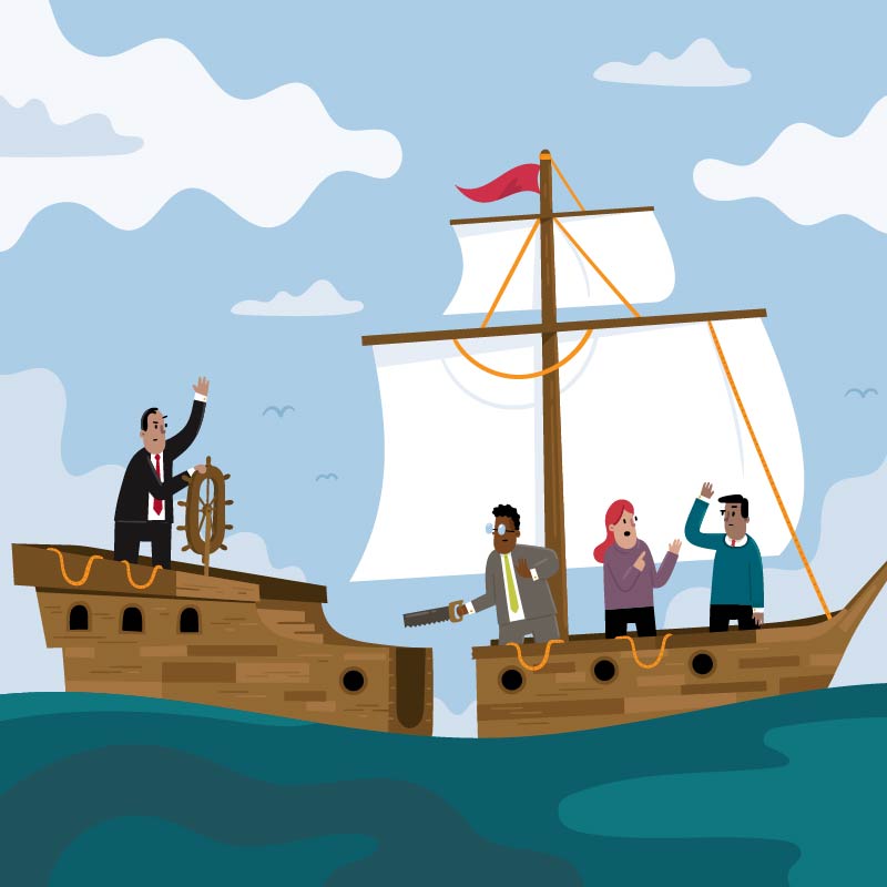 Booting Toxic founders and CEOS can help or hurt brand reputation An illustration of a sailing ship's crew cutting their ship in half to separate from their captain.