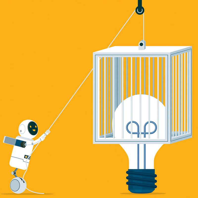 Illustration of a robot lowering a cage on a lightbulb.