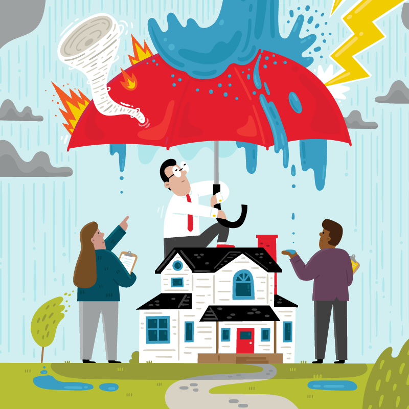 Illustration of insurance agents holding umbrella over a house during a storm.