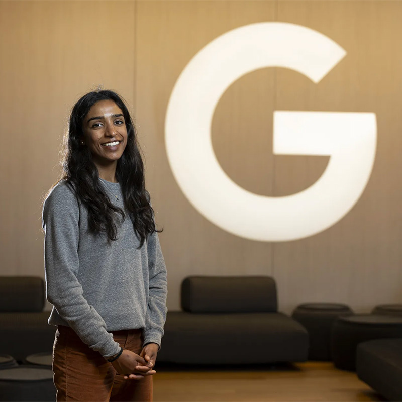 Shreya Ganeshan poses in the lobby of Google 