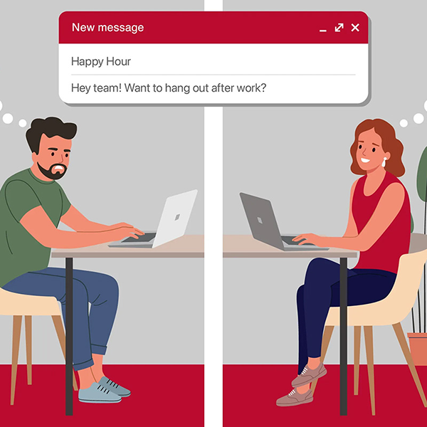 Illustration of two workers chatting on their laptops about a planned office outing. One is cringing and the other smiling. 