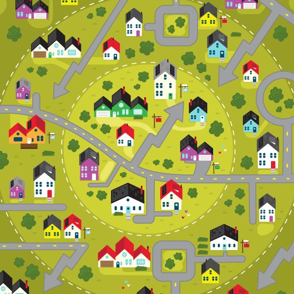 An illustrated map of houses for sale with a circle around some houses to denote a neighborhood