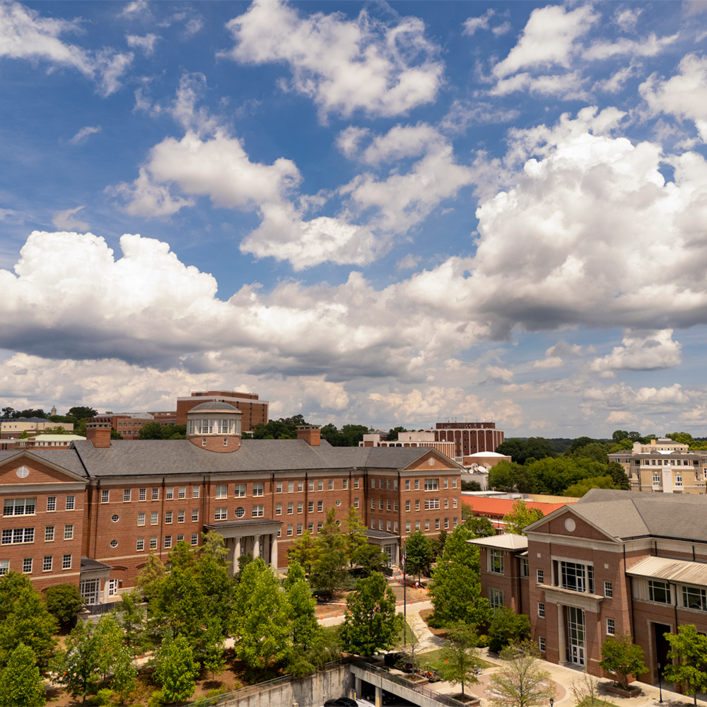 An aerial view of Miller Learning Center and Tate Center (UGA Marcomms)