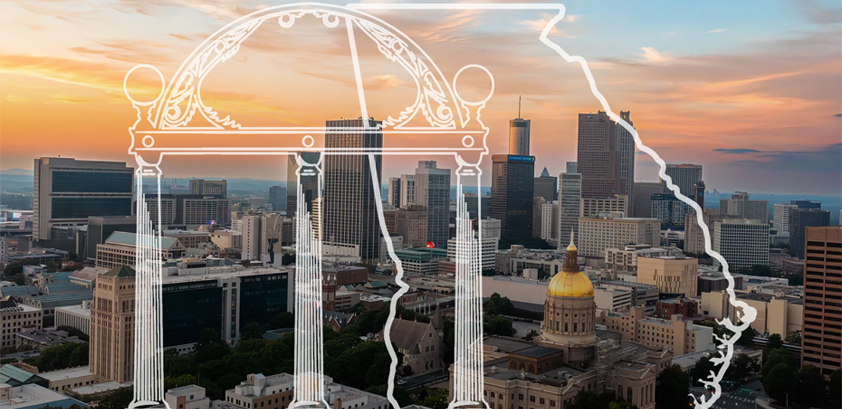 Photo of Atlanta skyline with an illustration of the Arch and the state of Georgia overlaying it (photo by UGA MarComms)