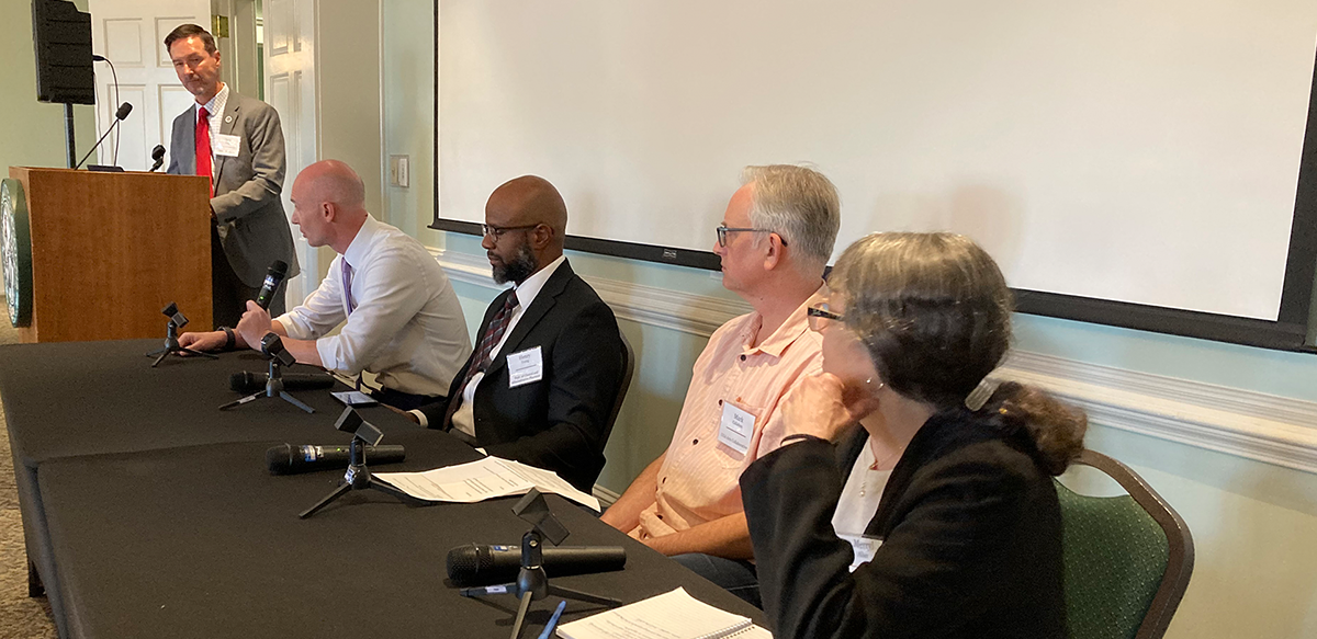 Interim Vice President for Research Chris King, far left, leads an afternoon panel discussion. (Submitted photo)