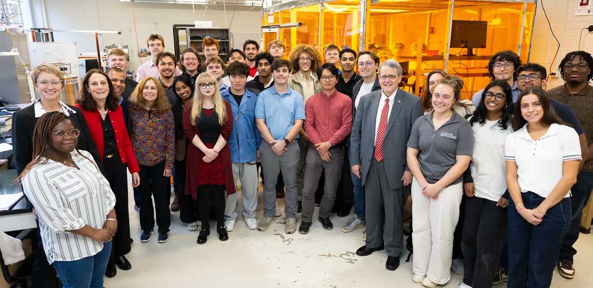 UGA President Jere W. Morehead joined students, faculty and staff in the Small Satellite Research Laboratory to learn about ongoing satellite missions and meet with the student teams driving UGA’s space research forward. (Andrew Davis Tucker/UGA)