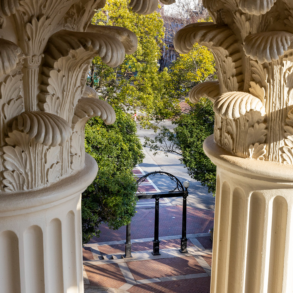 View of the Arch positioned between the columns of the Holmes Hunter Academic Building