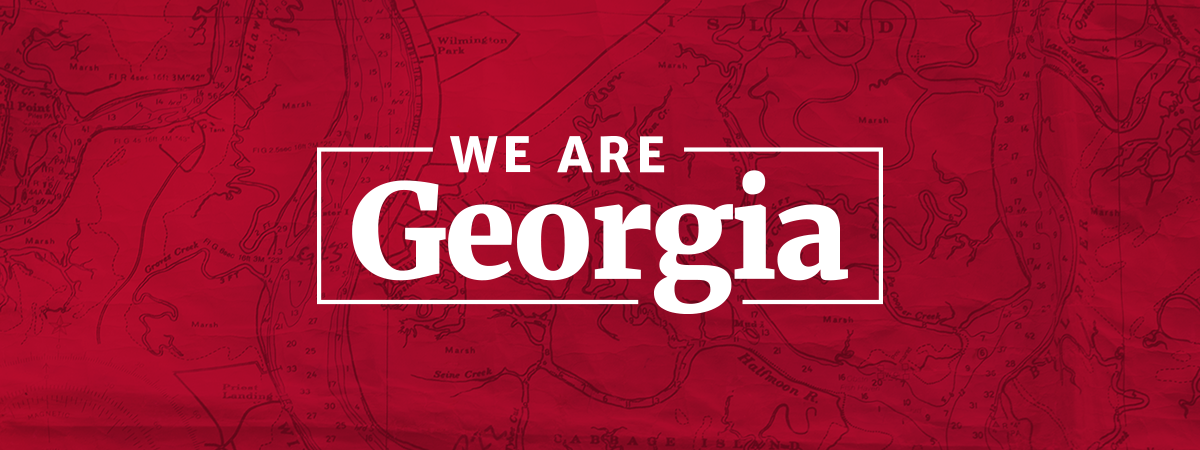 Banner that says ''We Know Georgia'' in white text on a red background