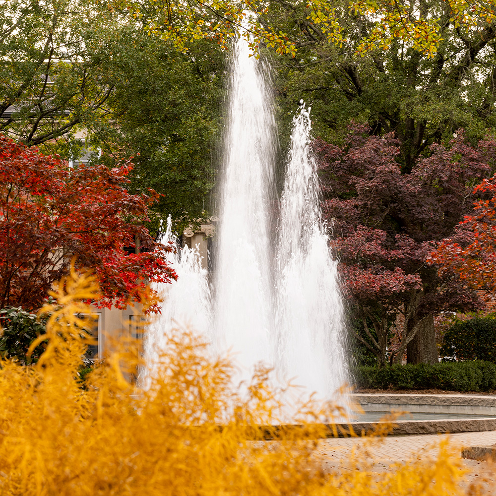 View of the Herty Field fountain surrounded by trees full of colorful fall leaves.