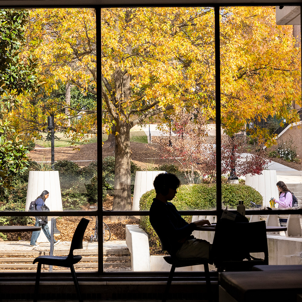 View from inside Boyd Research and Education Center through a window with a student walking on the sidewalk surrounded by trees full of colorful fall leaves and a student in silhouette studying in the foreground.