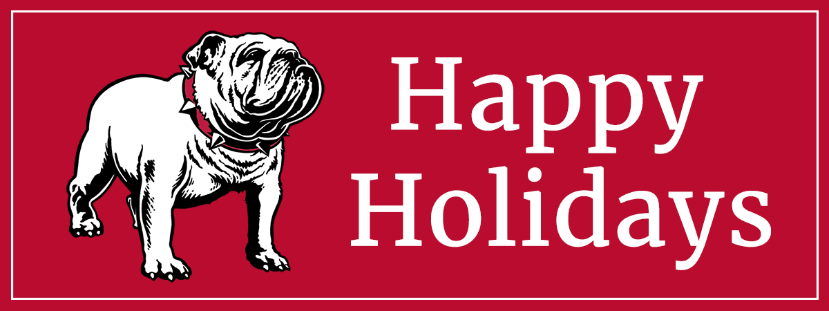 Banner that says ''Happy Holidays'' in white text on a red background with a Bulldog.