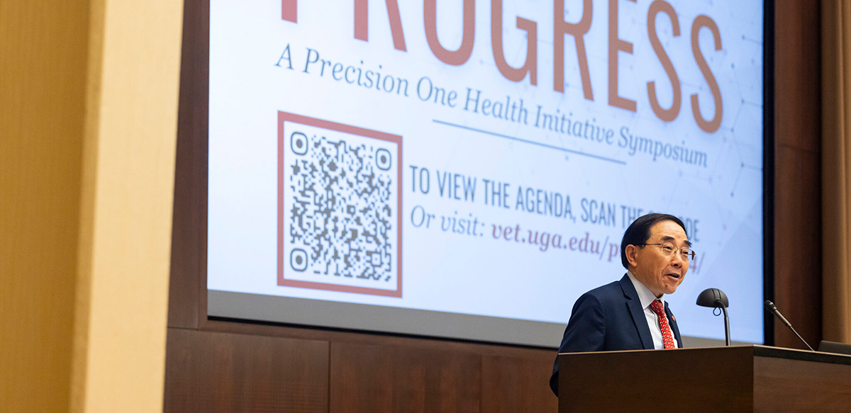 S. Jack Hu, senior vice president for academic affairs and provost, speaks during the Precision One Health Initiative Symposium at the University of Georgia Center for Continuing Education & Hotel. (Chamberlain Smith/UGA)