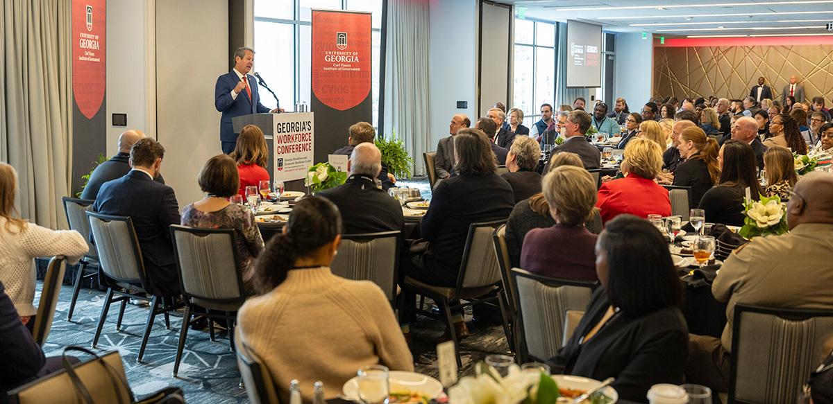 Gov. Brian Kemp speaks during the closing luncheon for the Institute of Government Workforce Development Conference on Wednesday at the Georgia Center for Continuing Education & Hotel. (Peter Frey/UGA)