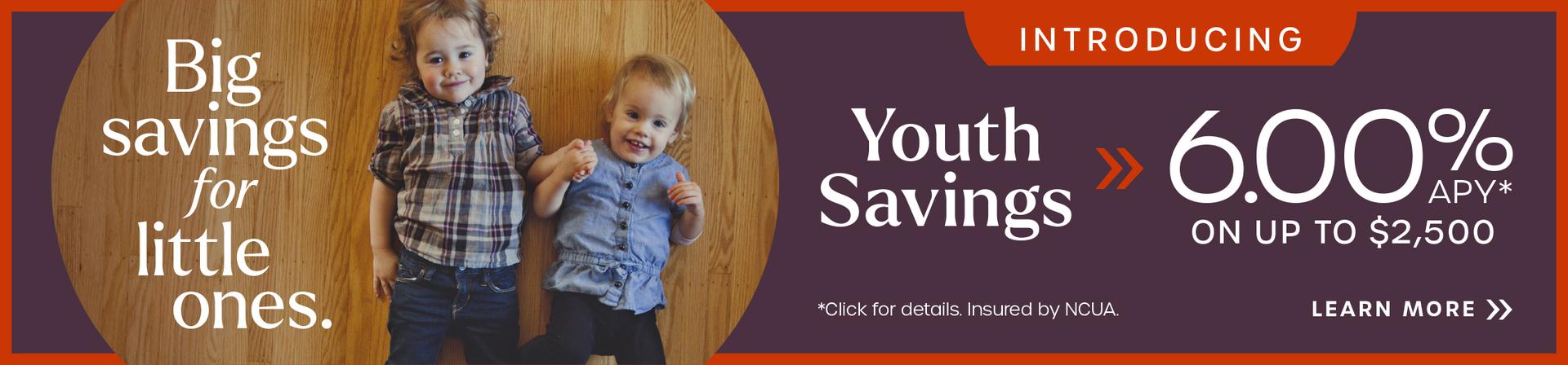 Two toddlers lying on wooden floor with text: Big savings for little ones.