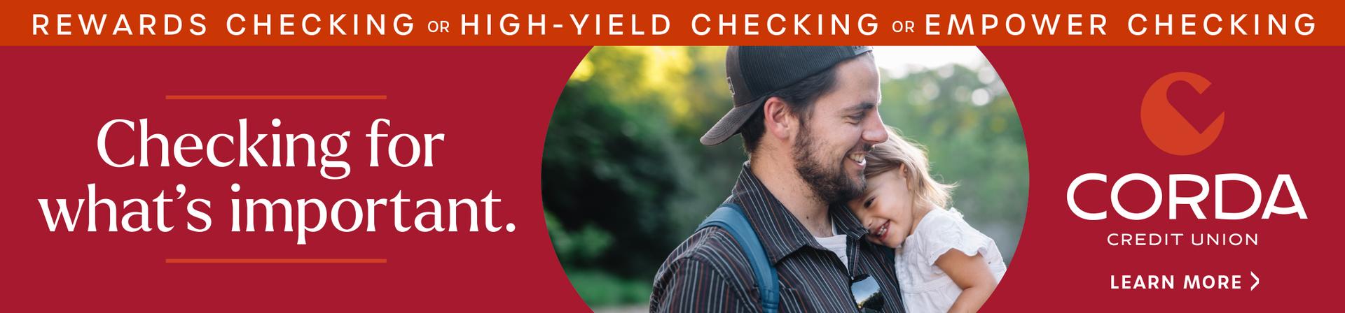 Checking account ad: Man holding smiling toddler